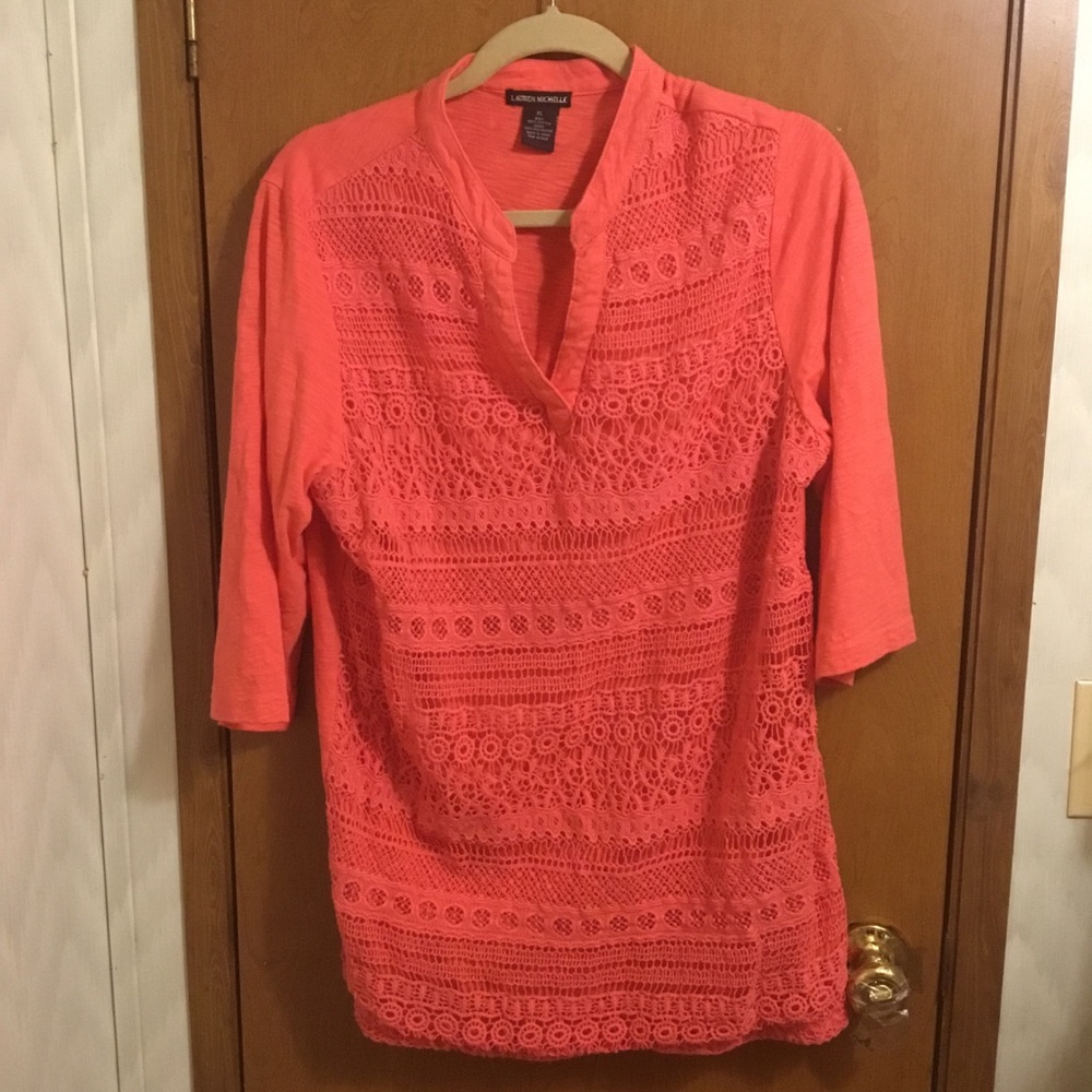 Lauren Michelle Coral Crochet Split-Neck 3/4 Sleeve Tunic XL